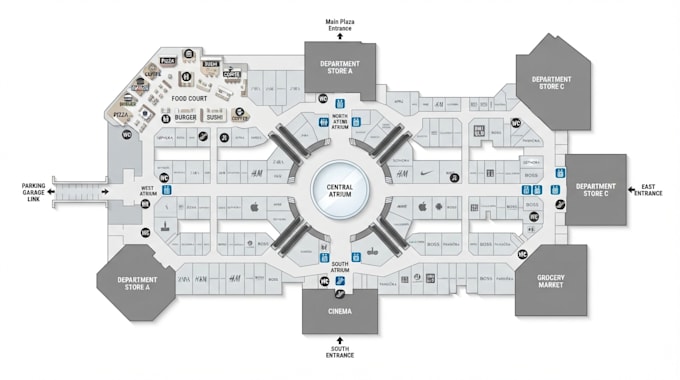 design shopping mall maps, retail directories and wayfinding plans