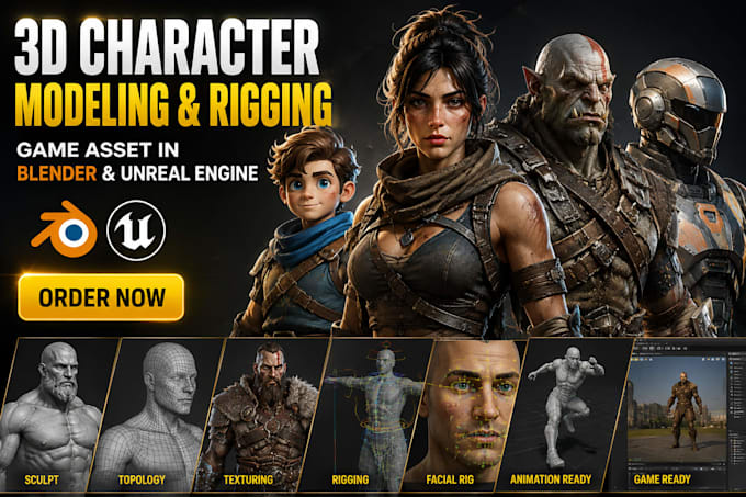 create 3d character modeling, rigging for game assest in blender, unreal engine