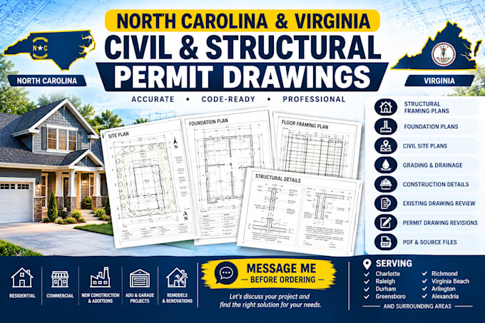 prepare north carolina and virginia civil structural permit drawings