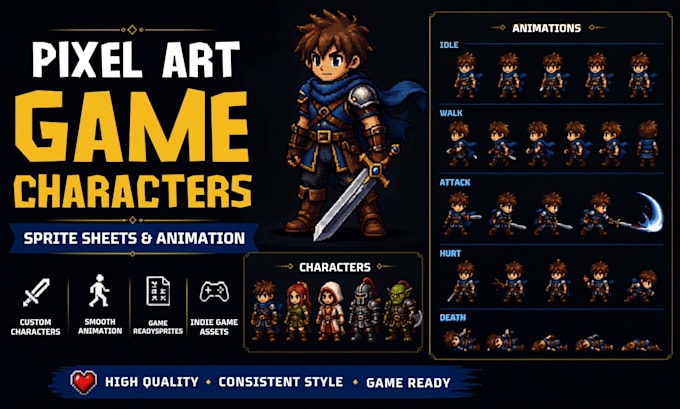 create pixel art game character, sprite sheet and animation rpg
