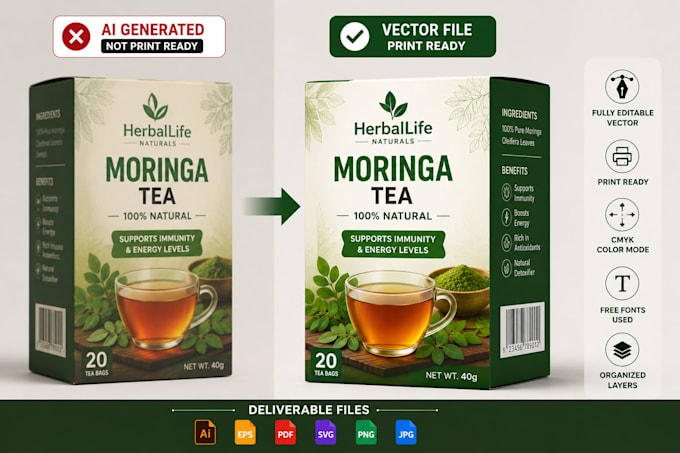 convert ai generated packaging, juice label designs into print ready vector file