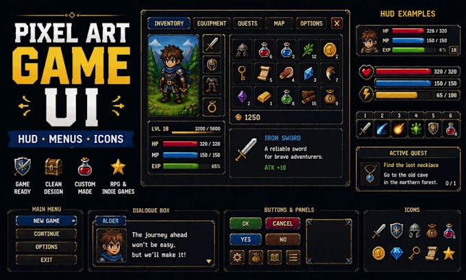 create pixel art game ui, hud, gui icons, logo and menus game user interface