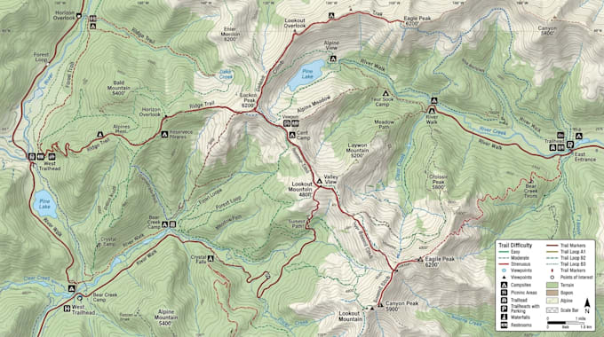 design hiking trail map, cycling map, navigation map, wayfinding map