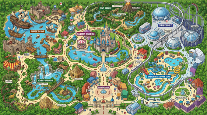 design theme park map, amusement park map and national park map