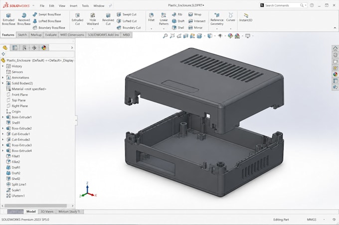 design plastic enclosure, snap fit, injection molding, stl, 3d cad, solidworks
