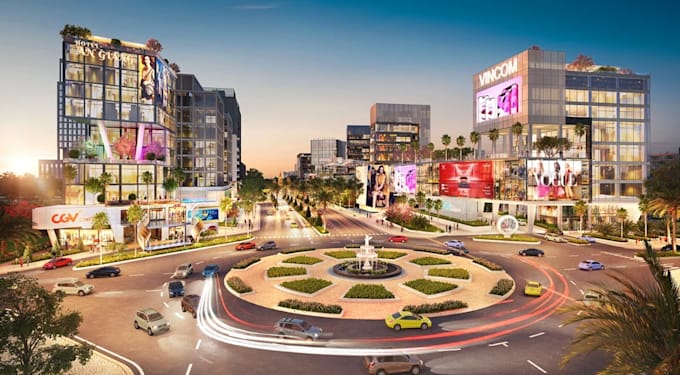 render 3d public plaza,shopping center,urban amenities,city layout,d5 landscaped