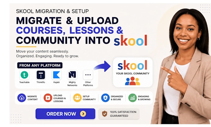 skool community setup, course upload, content migration from kajabi circle so