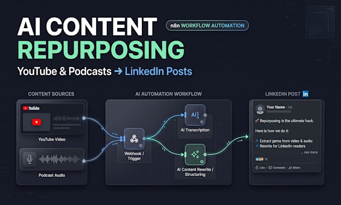 build n8n ai content repurposing system, youtube video, podcast to linkedin post