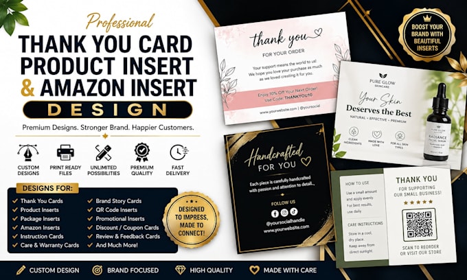 design thank you cards, product inserts and amazon package inserts