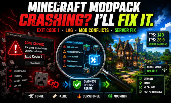 build, fix minecraft modpack crashes, lag, forge fabric errors and server setup