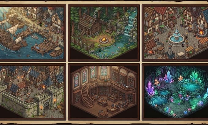 create pixel art game assets, tilesets, character, background and animations