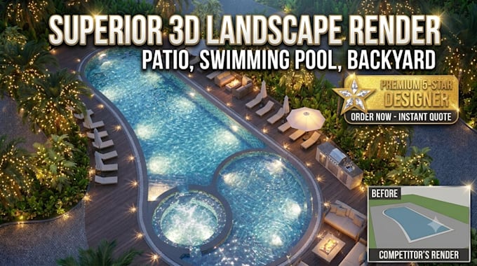design 3d landscape, patio, swimming pool, and backyard render