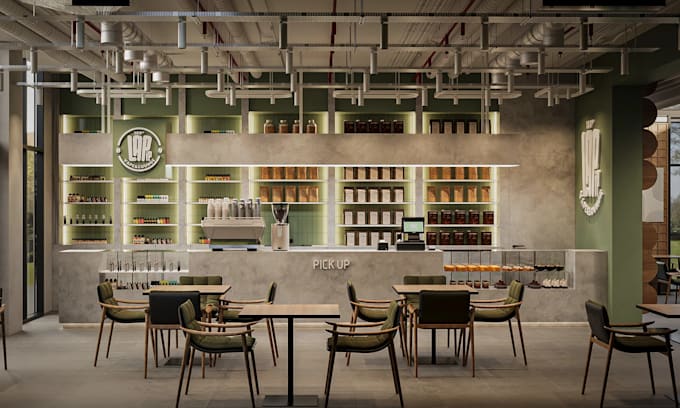 render architectural 3d interior design of cafe, lounge,restaurant,2d floor plan