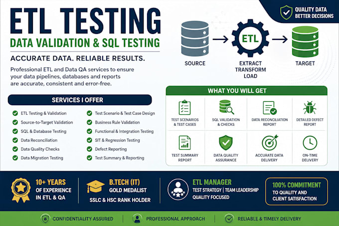 perform etl testing data validation and sql testing