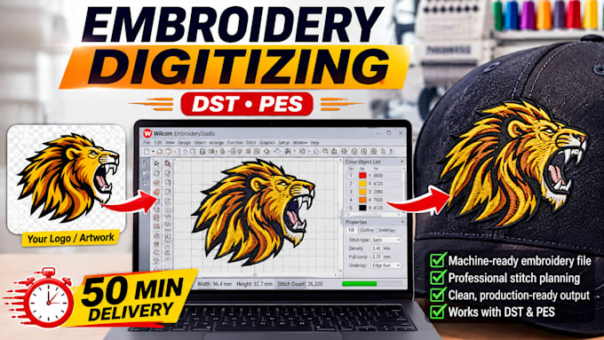 embroidery digitizing dst pes in 50 minutes