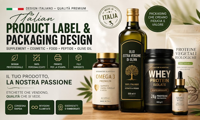 design italian product label, supplement label and packaging design