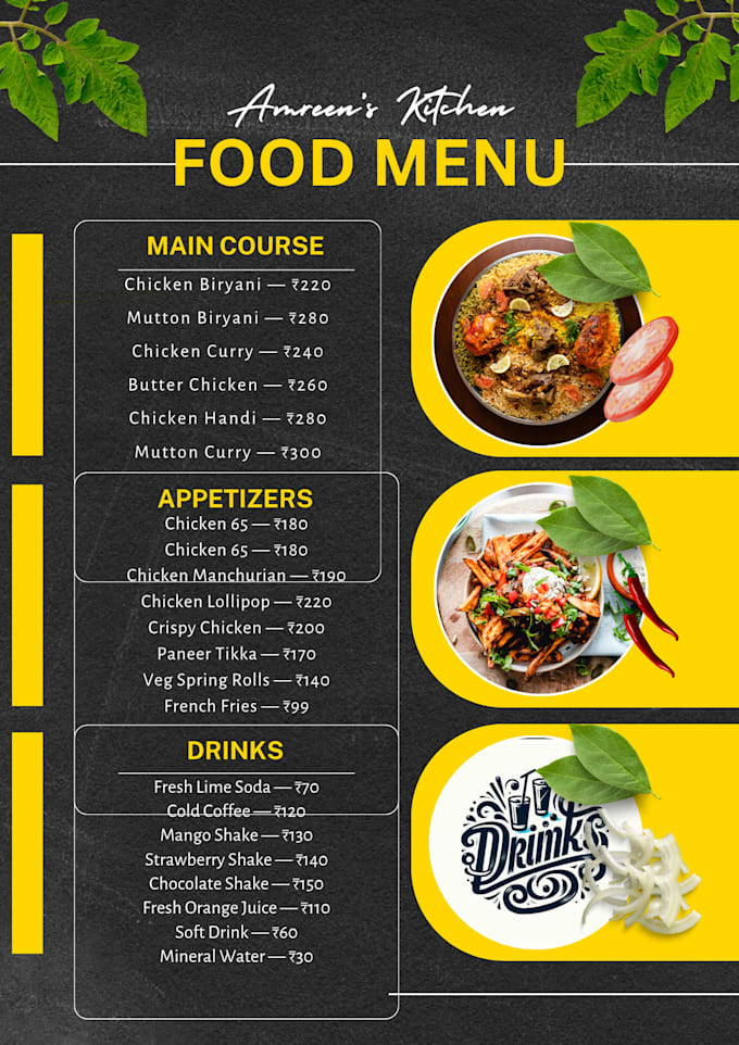design a professional restaurant menu