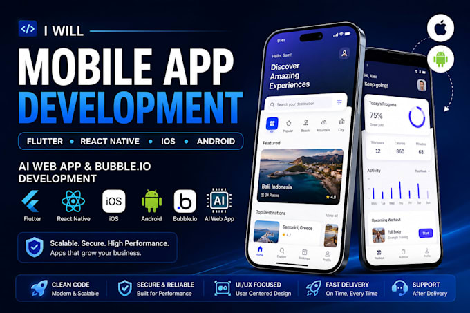 mobile app development, flutter, react native, IOS android app bubble ai web app
