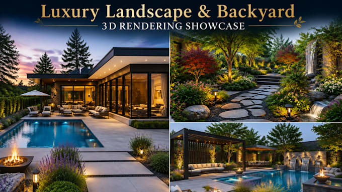 design landscape, backyard, garden, patio, pool and 3d rendering