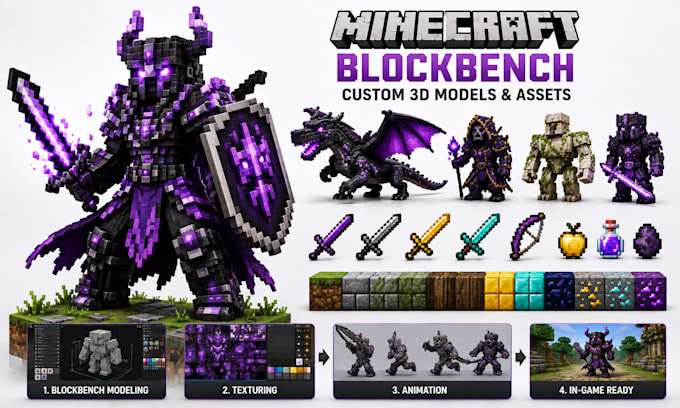create minecraft blockbench 3d models, pvp mobs, items, textures and animations