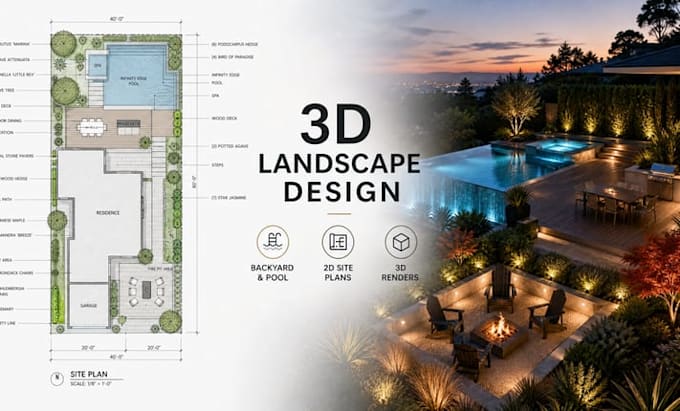 3d landscape design, backyard, front yard, pool, site plan, landscape architect