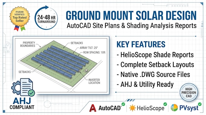 design ground mount solar layout, autocad site plan, and shading report