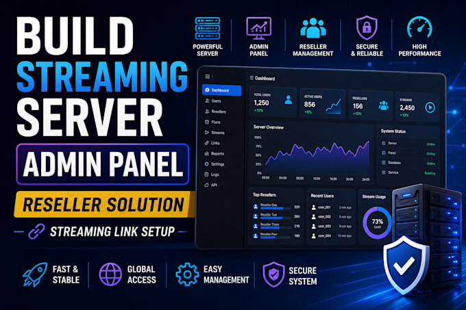 build streaming server, admin panel, reseller solution, streaming link setup