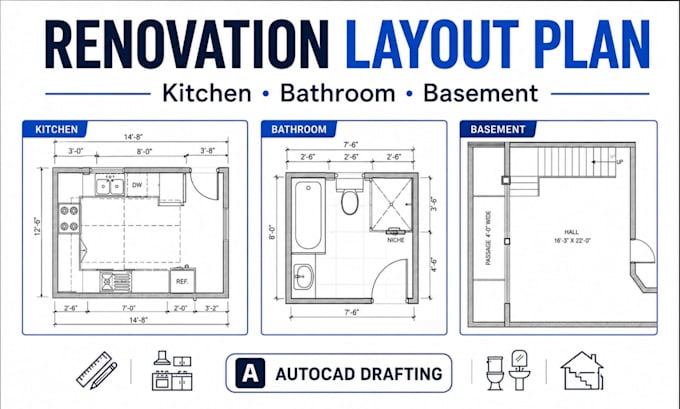 draw kitchen, bathroom and basement renovation layout plan with autocad drafting
