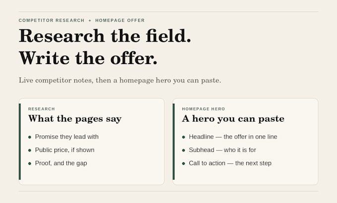 research your competitors and write your homepage offer