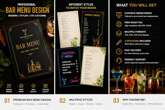 design a modern bar menu, drinks menu and cocktail menu