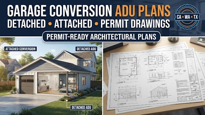 create detached attached garage conversion adu permit plans california
