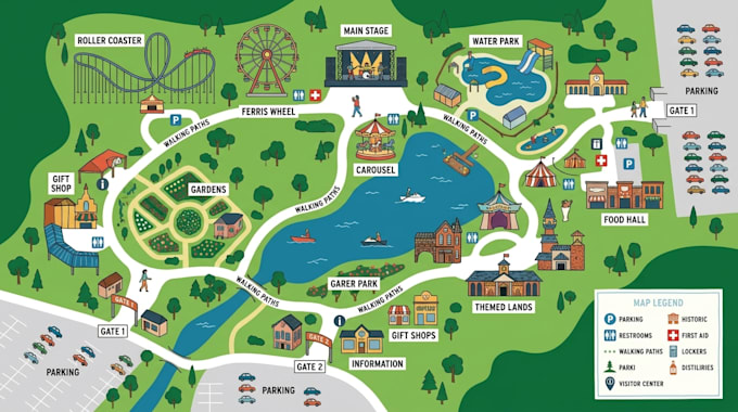 design 2d 3d themed maps, amusement park maps, wayfinding and vector maps