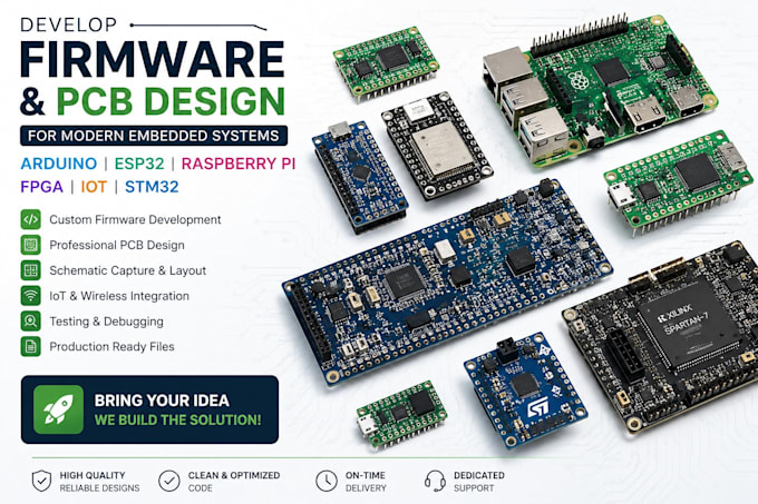develop firmware and pcb design for arduino, esp32, raspberry pi, fpga iot stm32