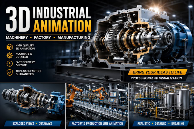 create 3d industrial animation, machinery animation and factory animation