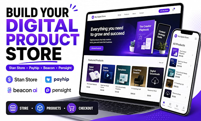 create stan store, payhip website, beacon ai, pensight, digital product store