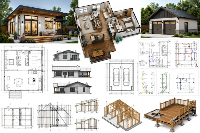 draw adu architect plans, deck, garage, framing plan, structural plans, mep plan
