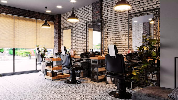 design a modern 3d barbing salon interior and exterior
