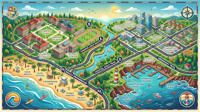design illustrative campus map, beach map, coastral map, development plans map
