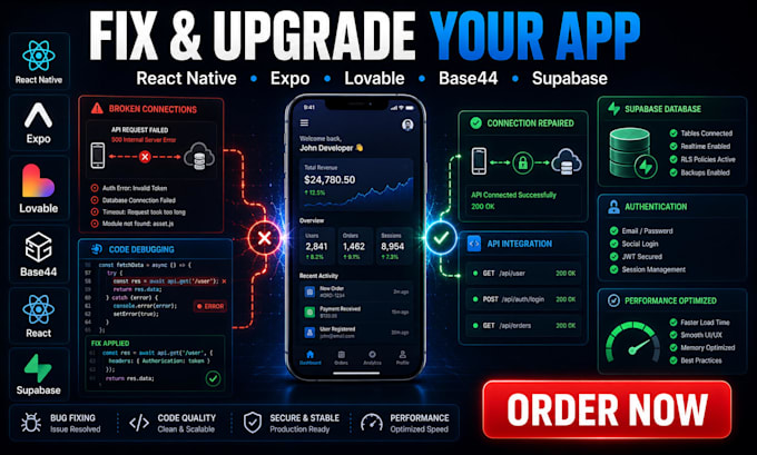 fix react native expo lovable base44 react supabase webapps database integration