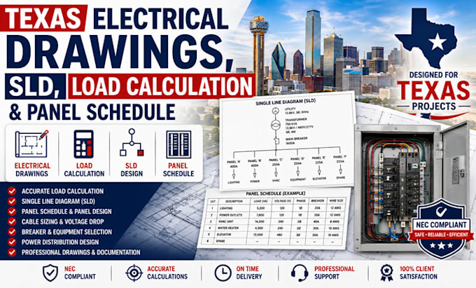 create texas electrical drawings, sld, load calculation and panel schedule