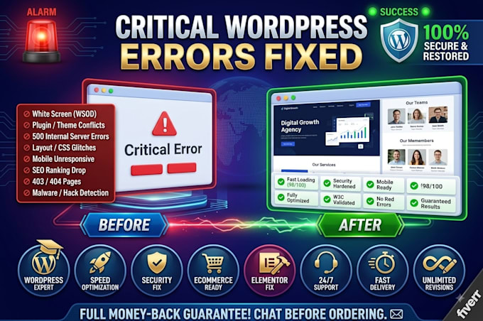 fix wordpress errors, critical bugs, and database issues