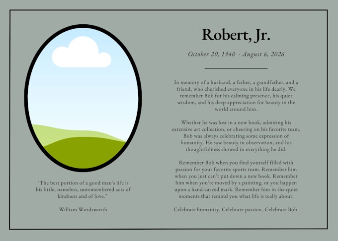 write and design a funerary, memorial, or prayer card