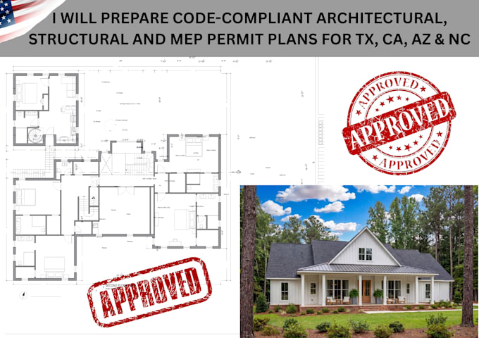 prepare code compliant architectural, structural and mep permit plan tx ca az nc