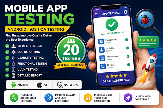 do mobile app testing with 20 testers android ios QA testing