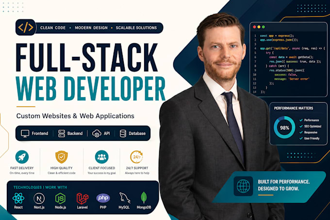 do website development as full stack web developer, front end, backend developer