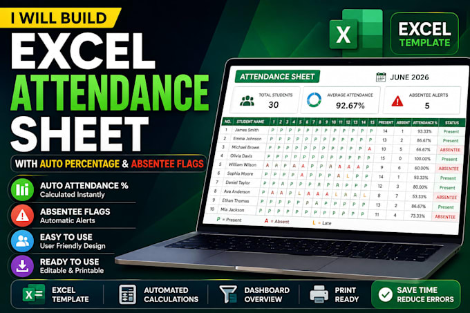 build an excel attendance sheet with auto percentage and absentee flags