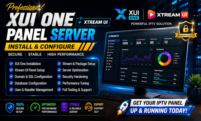 install and configure xui one, xtream ui panel, server setup with security