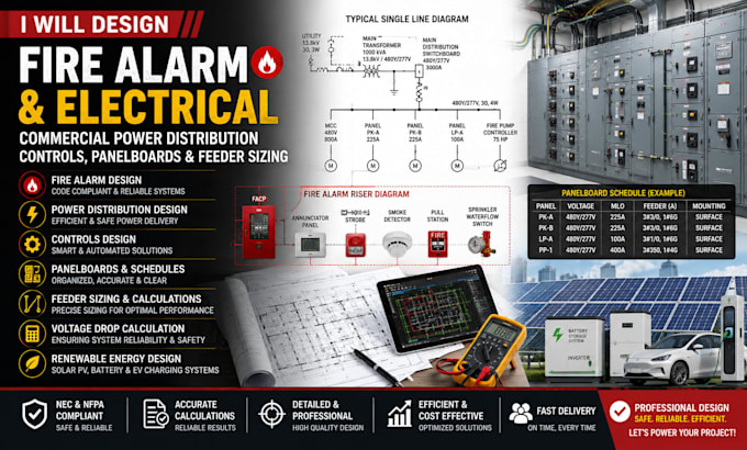 design fire alarm power distribution controls panelboards and feeder sizing