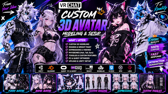 create custom vrchat, furry anime 3d character avatar and vtuber model