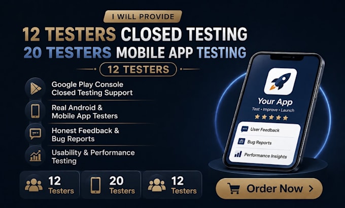 provide 12 testers closed testing 20 testers mobile app testing 12 testers
